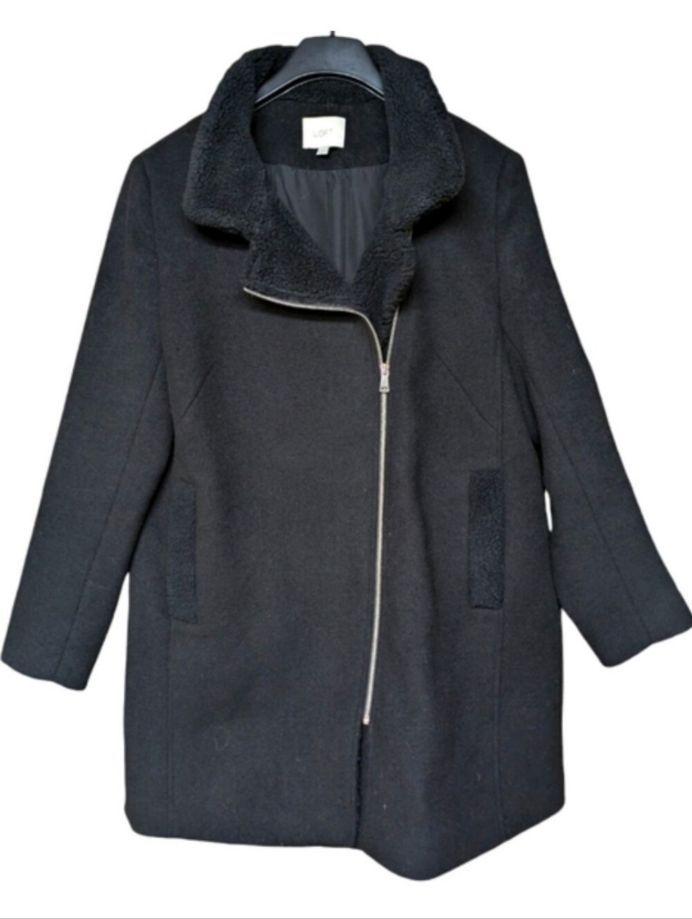 LOFT Black Wool Blend Sherpa Collared Coat Size Large